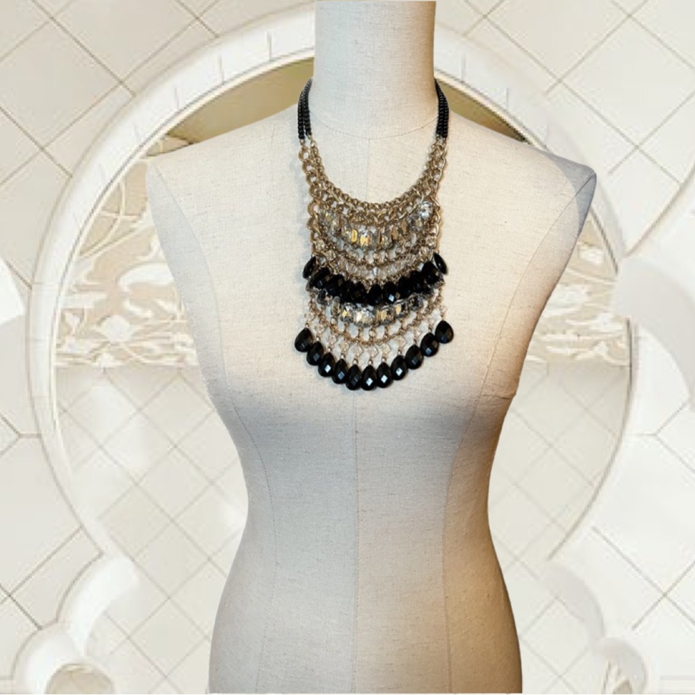 Multi Layer Chains Teardrop Crystal Jet Beads Statement Bib Necklace